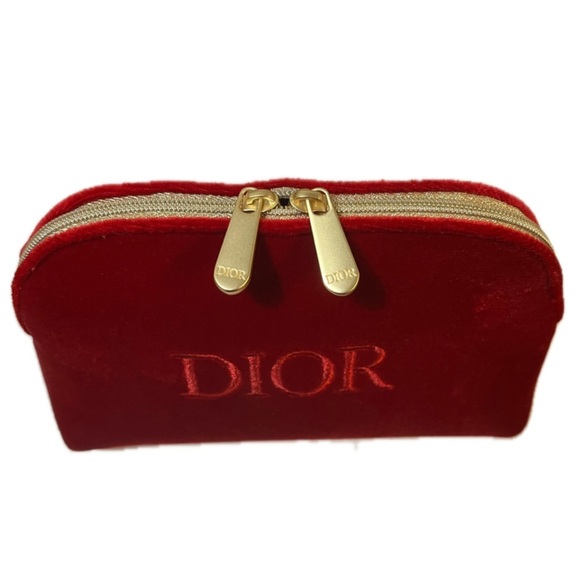 Christian Dior Red Velvet Double Zipper Travel Cosmetic Toiletry Evening Bag - Picture 2 of 9
